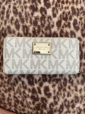 Michael Kors Cream Logo Continental Zip Wallet with Gold Plaque